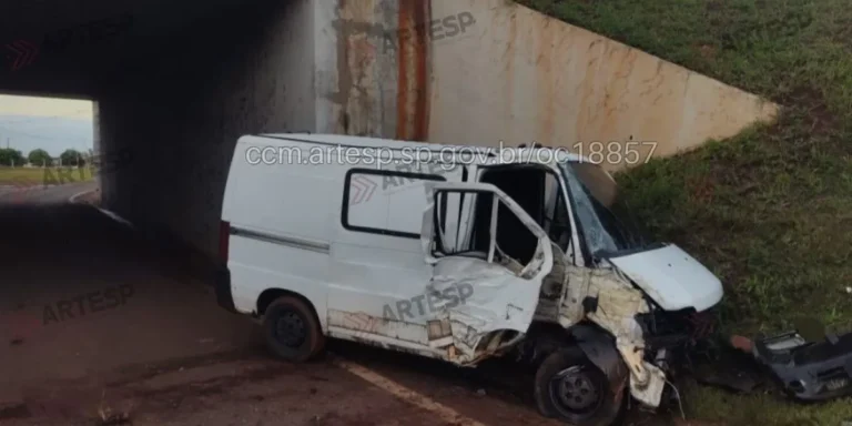 Van branca danificada após acidente em rodovia, atingindo placa e árvore