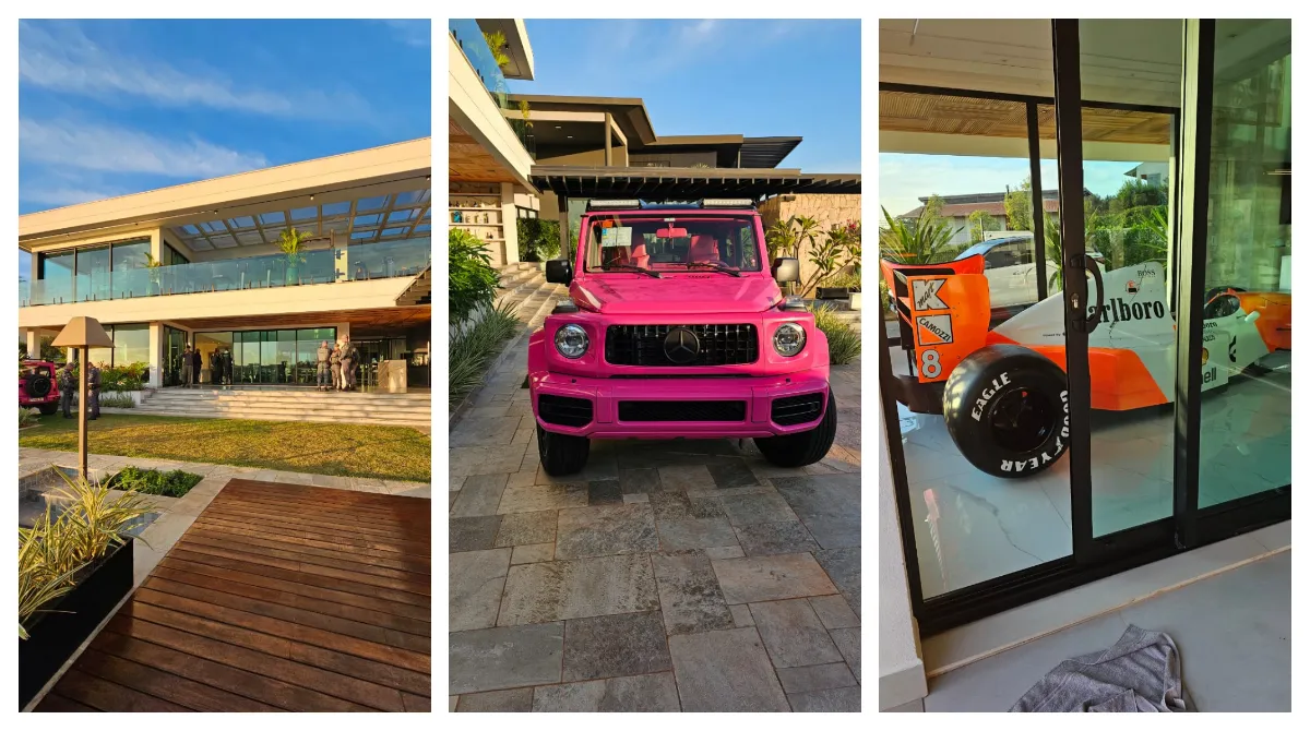 Mansão de luxo do influencer Chrys Dias em Itupeva com carro rosa e réplica de Fórmula 1.