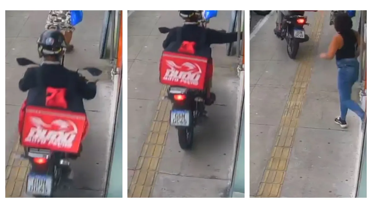 Homem em moto com mochila de entregador roubando celular em SP