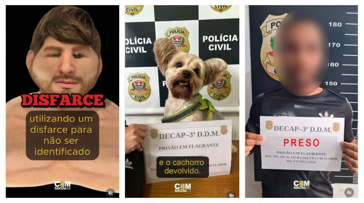 Homem com máscara de silicone furtando cachorro em pet shop