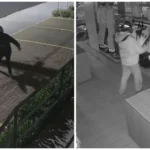 Homens mascarados quebrando vitrine de loja para furto de roupas em Araraquara