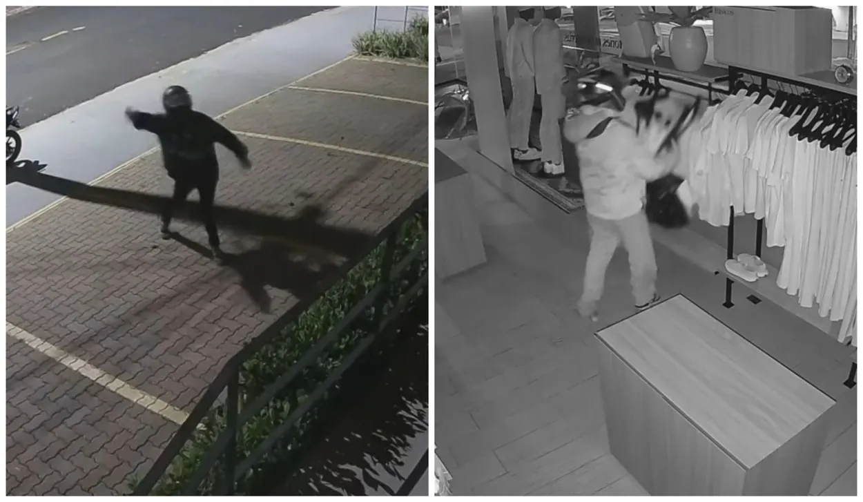 Homens mascarados quebrando vitrine de loja para furto de roupas em Araraquara