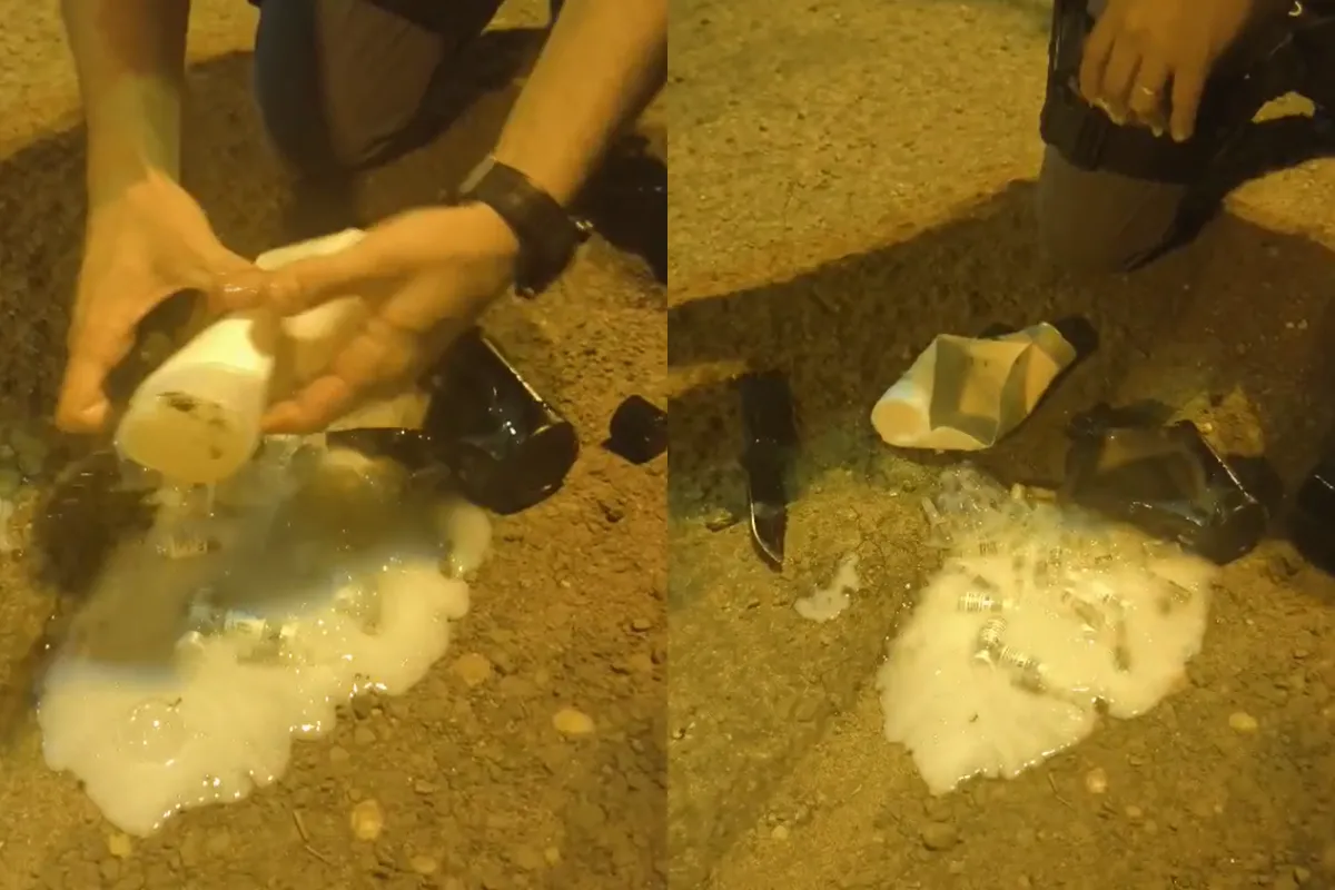 Ampolas de anabolizantes e remédios ilegais escondidas em frascos de shampoo e outros produtos de higiene apreendidos pela polícia.