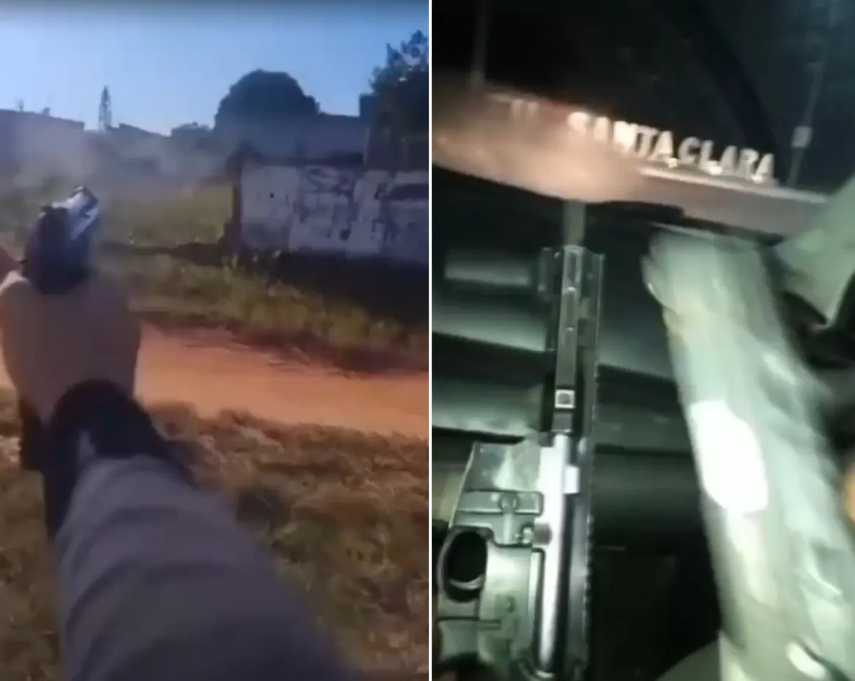 Praia deserta no Norte Fluminense com viatura policial, simbolizando violência e medo