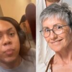 Roberta Santana, mulher trans, em frente a shopping, simbolizando sua busca por justiça contra transfobia.