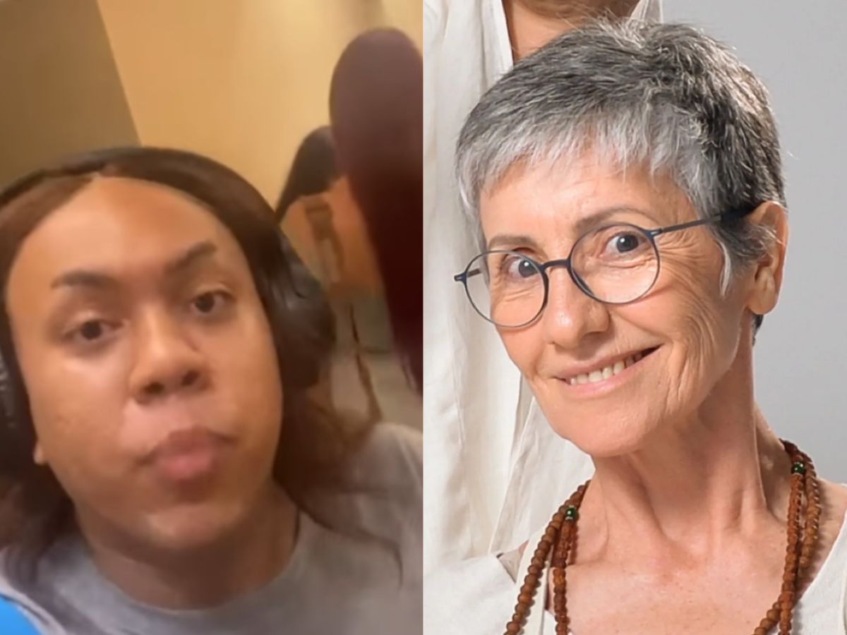 Roberta Santana, mulher trans, em frente a shopping, simbolizando sua busca por justiça contra transfobia.